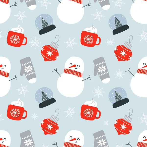 Χριστούγεννα απρόσκοπτη μοτίβο με χαριτωμένο χιονάνθρωπο, χιονόμπαλα, γάντια, χριστουγεννιάτικο παιχνίδι, κούπα καφέ και νιφάδες χιονιού. Εικονογράφηση διάνυσμα στο χέρι που scandinavian παιδαριώδη στυλ — Διανυσματικό Αρχείο