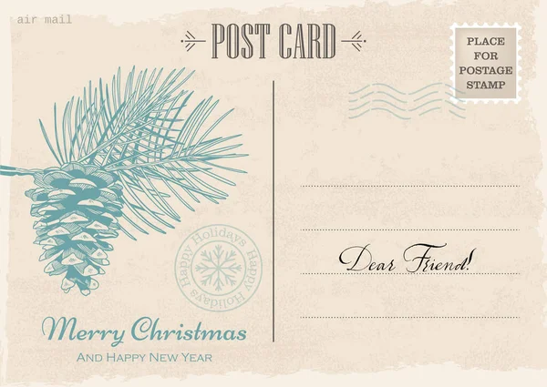 Vintage Natal e Ano Novo convite cartão postal. Correio de Natal. Ilustração desenhada à mão vetorial — Vetor de Stock