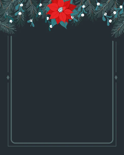 Borda de armação superior de composição floral de Natal com pinheiros, poinsettia e bagas de visco. Elemento para cartão de saudação, cartaz, banner, cartão postal. Ilustração vetorial — Vetor de Stock