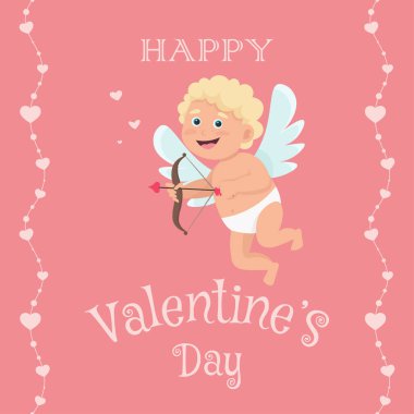 Sevimli Aşk Tanrısı 'nın Sevgililer Günü tebrik kartı kutlu olsun. Çizgi film düz stiliyle vektör illüstrasyonu