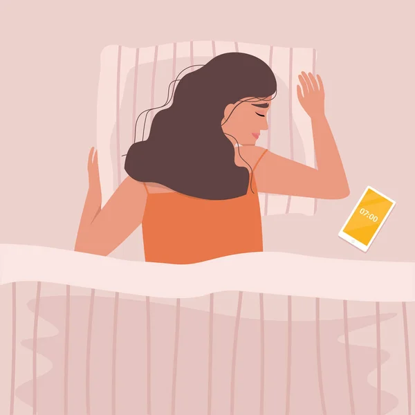 Žena spící v posteli. Roztomilá vektorová ilustrace v plochém stylu — Stockový vektor