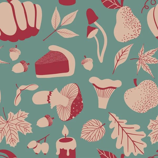 Motif sans couture d'automne avec feuilles, baies, champignons, pomme, poire. Illustration vectorielle dessinée à la main dans un style et des couleurs rétro — Image vectorielle
