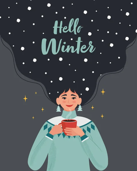 Girl Warm Sweater Hot Mug Snow Her Hair Christmas Happy — Stock Vector