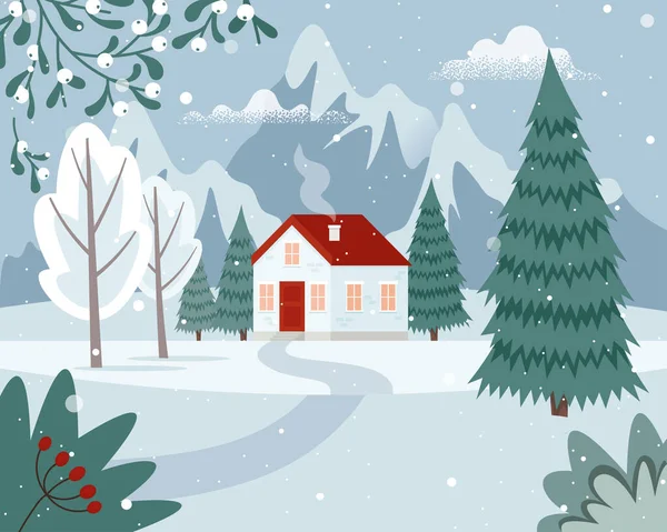 Winter Landscape House Mountains Countryside Landscape Snowy Seasonal Cute Vector — Stock Vector