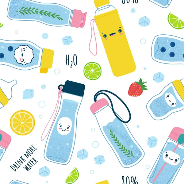 Beba Más Concepto Agua Patrón Sin Costuras Estilo Kawaii Lindo — Vector de stock