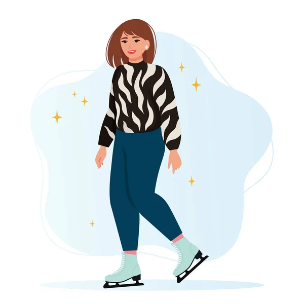 Woman in a warm sweater skates on ice. Figure skating, winter active fun. Vector illustration in flat style — Stock Vector