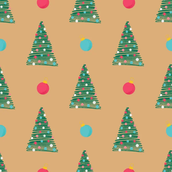 Weihnachten nahtlose Muster mit kleinen handgezeichneten grünen Tannenbaum und Weihnachtsspielzeug. Vektor-Illustration für Packpapier, Tapete, Tischdecke usw. — Stockvektor