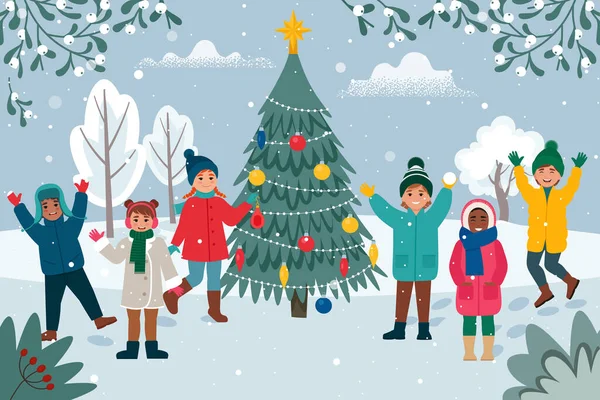 Inverno atividades ao ar livre infantis. Crianças jogando bolas de neve, árvore de Natal decorada em fundo de inverno. Ilustração vetorial em estilo plano —  Vetores de Stock
