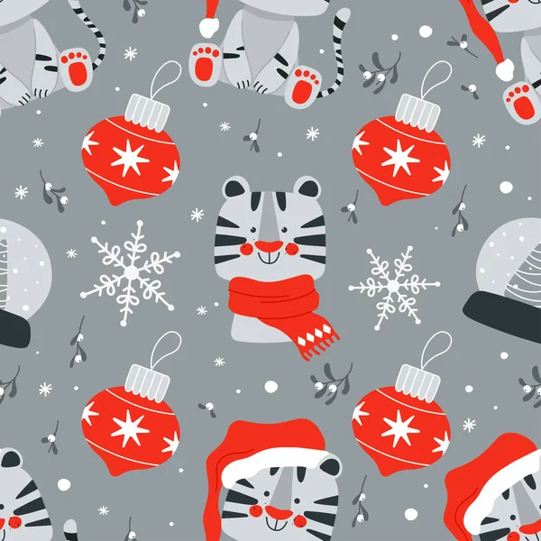 Modello senza cuciture di Natale con simpatica tigre bianca, simbolo dell'anno 2022 e altro elemento natalizio. Illustrazione vettoriale in stile scandinavo infantile disegnato a mano — Vettoriale Stock