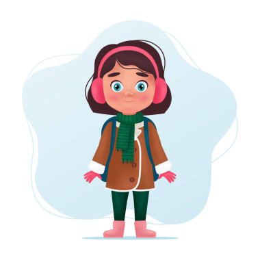 Sıcak kışın okul kızı karakteri ya da sırt çantalı sonbahar kıyafeti. Tatlı çocuk, okula geri dön. Çizgi film vektör illüstrasyonu