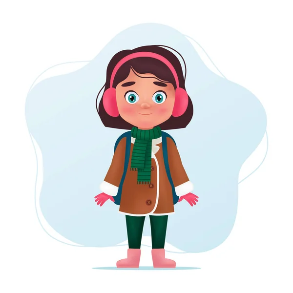 School girl character in warm winter or autumn clothing with backpack. Cute child, back to school concept. Cartoon vector illustration — Stock Vector