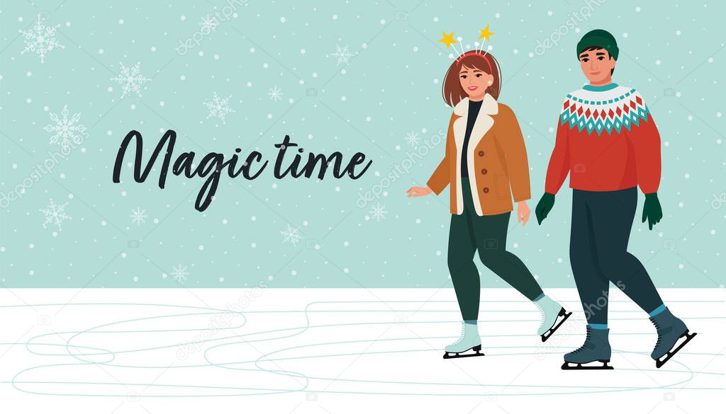 Man and woman skating together, happy couple. Winter activities, winter fun, magic time. Vector illustration in flat style