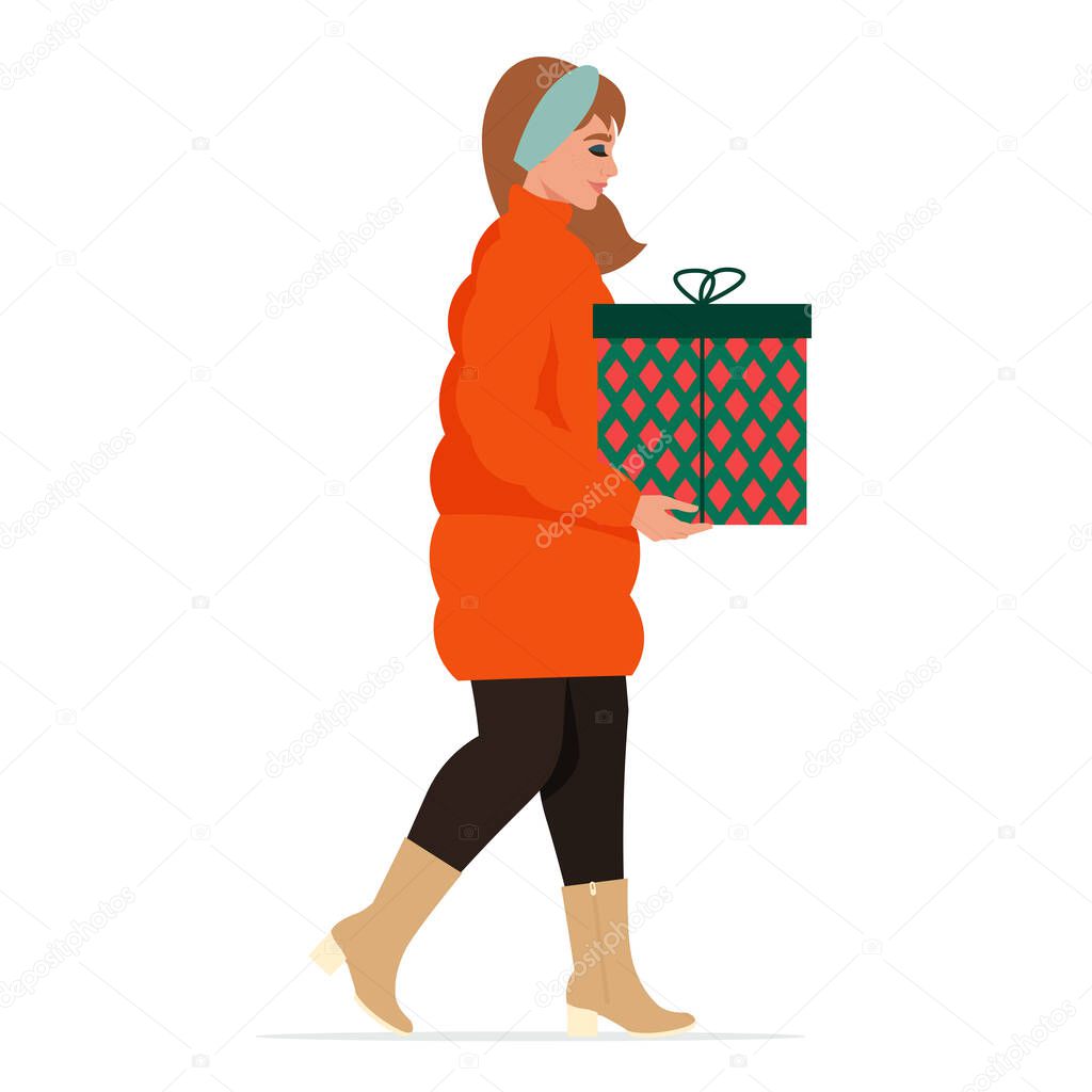 Woman dressed in warm clothing, carries gift box. Christmas, winter seasonal card. Vector flat illustration, retro style