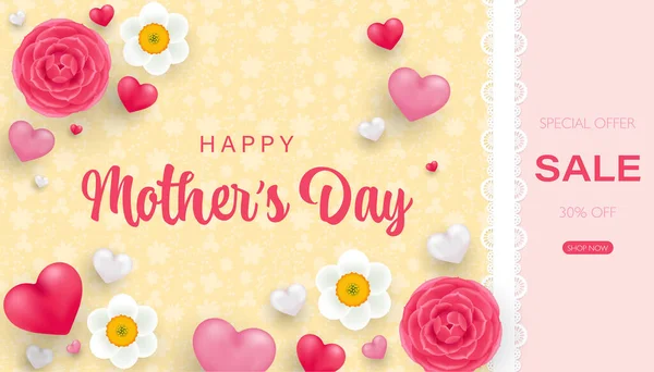 Mothers Day Sale banner ή ευχετήρια κάρτα με όμορφα λουλούδια και μικρές 3d καρδιές. Απομονωμένη εικόνα διανύσματος — Διανυσματικό Αρχείο