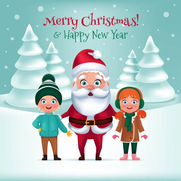 Babbo Natale con bambini su sfondo foresta ghiacciata inverno. Biglietto di auguri natalizio. Illustrazione vettoriale in stile cartone animato — Vettoriale Stock