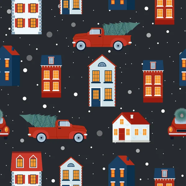 Winter seamless pattern with cute houses and cars. Vector illustration in flat style