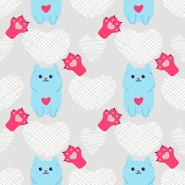 Sevimli kedi, kedi pençesi ve elle çizilmiş kalplerle kusursuz bir desen. Pastel retro renklerinde minimalist İskandinav tarzı. Kıyafetler, tekstil, kumaşlar, ambalaj kağıtları vs. için kullanılır.