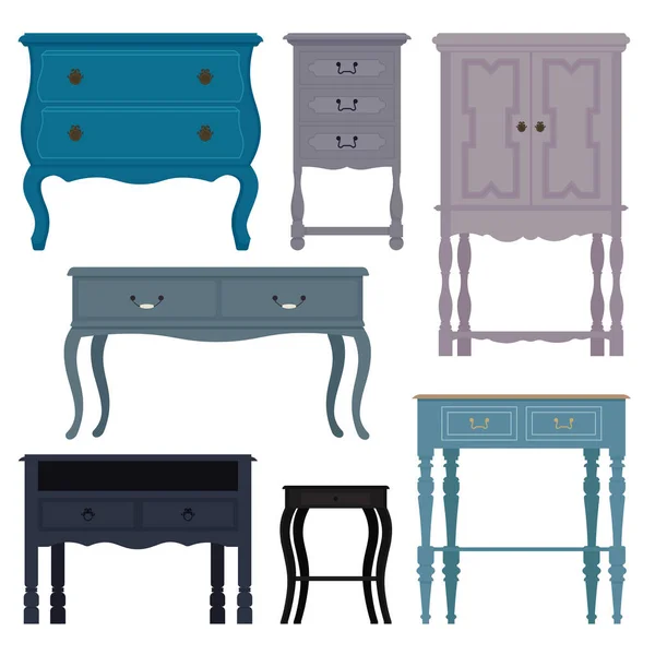 Set van oude vintage nachtkastje, commodes. Collectie van retro interieurmeubilair. Vector illustratie in platte stijl, geïsoleerd op witte achtergrond — Stockvector