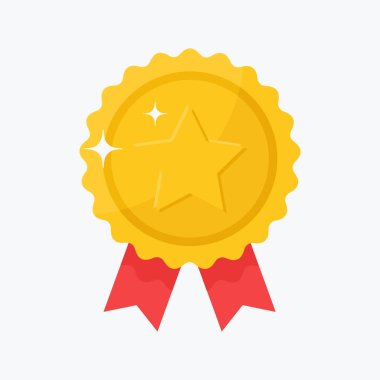 Gold badge award with ribbons icon. Shiny metal reward symbol. Flat vector illustration isolated on white background
