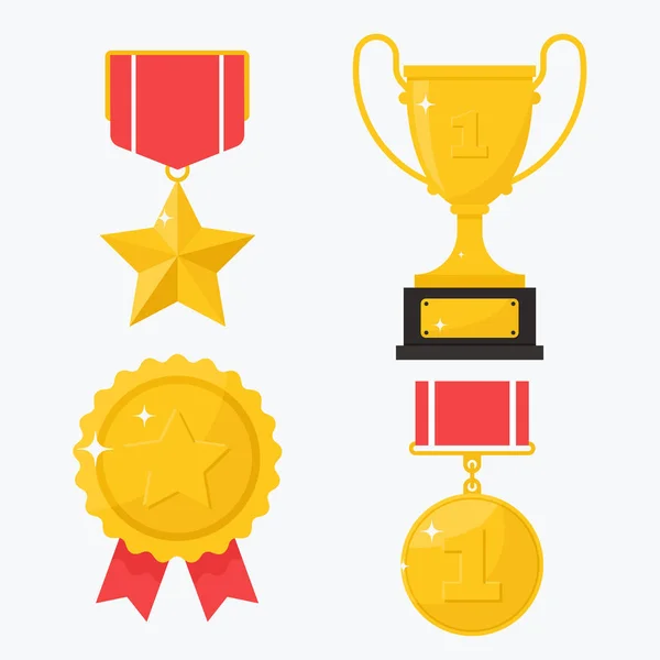 Collection of gold Champions prizes, trophies, awards. Medal, cup and badge. Flat Vector illustration, isolated on white background — Stock Vector