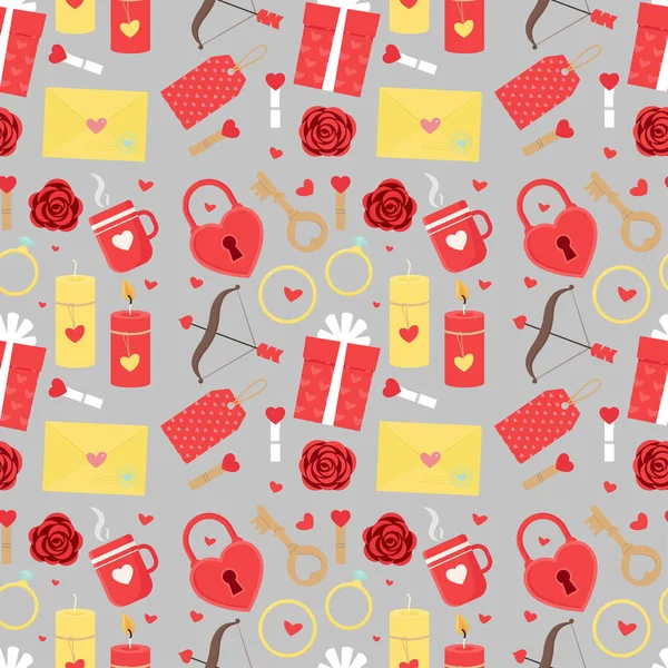 Patrón sin costuras del Día de San Valentín con diferentes elementos. Ilustración vectorial — Vector de stock
