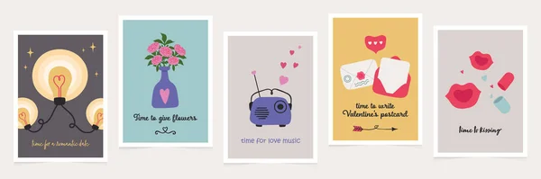 Conjunto de cartões valentine bonitos em cores retro na moda e estilo doodle. Ilustração vetorial — Vetor de Stock