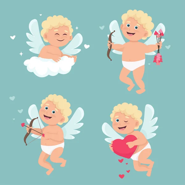 Set of cute cupid angels in different poses. Template for Valentines day greeting card, banner, poster. Vector illustration in cartoon flat style — Stock Vector