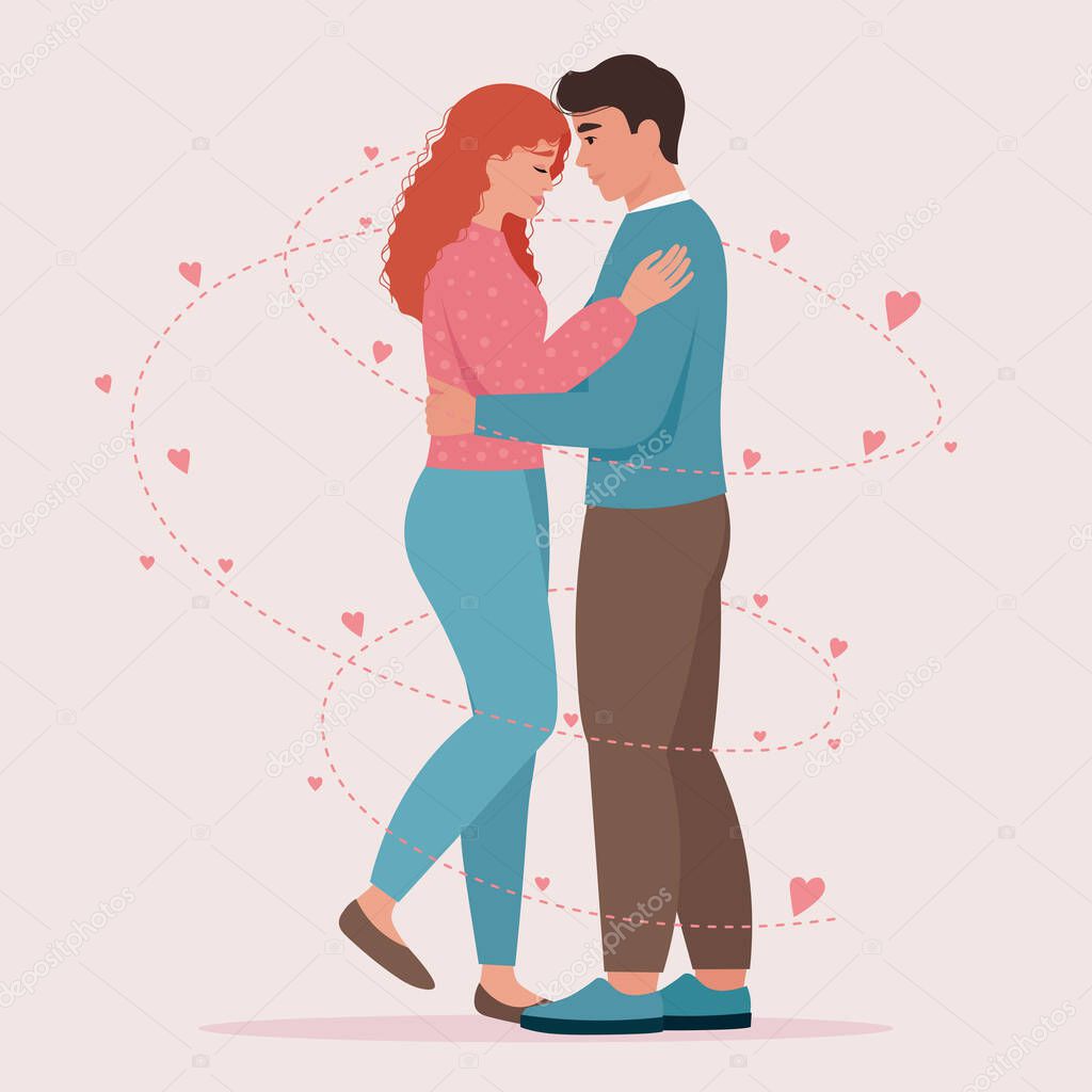 Loving Couple smiling and hugging. Man and woman in love. Valentines day cute vector illustration