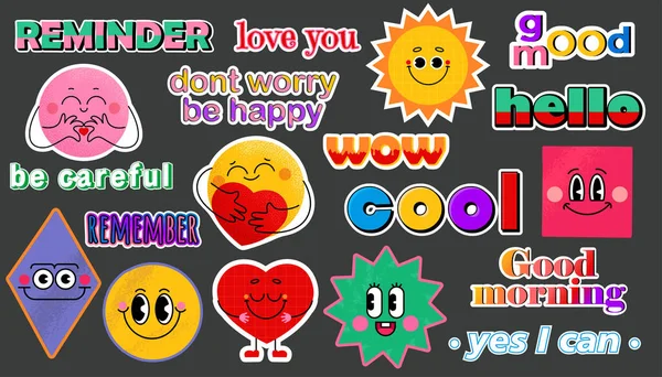 Farklı emoji setleri, raptiyeler, pullar, çıkartmalar. Farklı cümleler ve kelimeler. Moda komik Vektör çizimleri, izole edilmiş