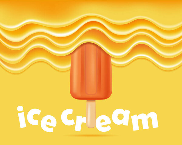 Flowing orange glaze and ice cream. Vector isolated illustration in 3d Style