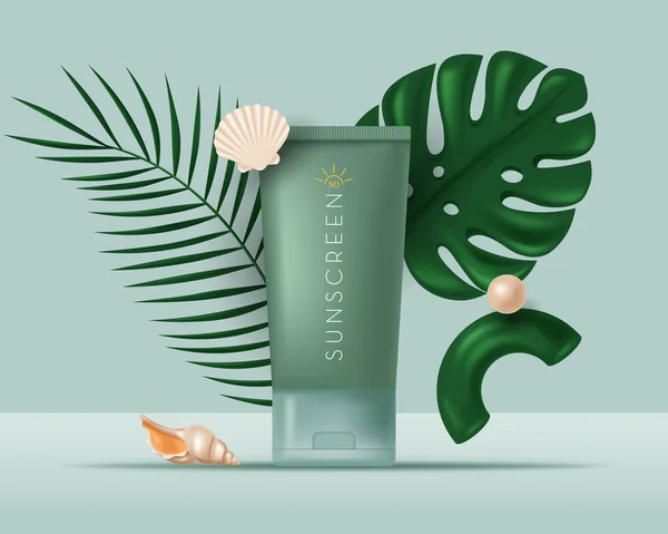 Banner with Summer cosmetic product, tropical leaves, shells. Vector 3D realistic illustration — Stock Vector