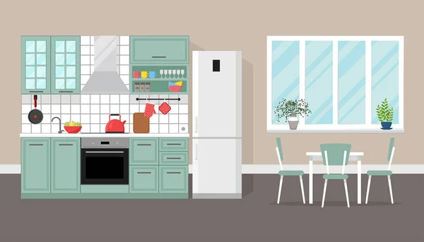 Interior da cozinha com área de jantar, estilo plano, modelo de design gráfico vetorial — Vetor de Stock