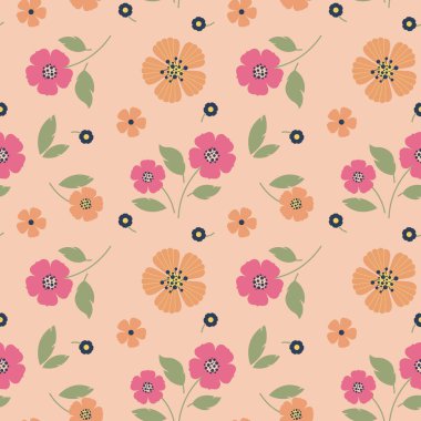 Basit çiçekli, pürüzsüz desen, bahar arkaplanı. Vektör el çizimi resimleme