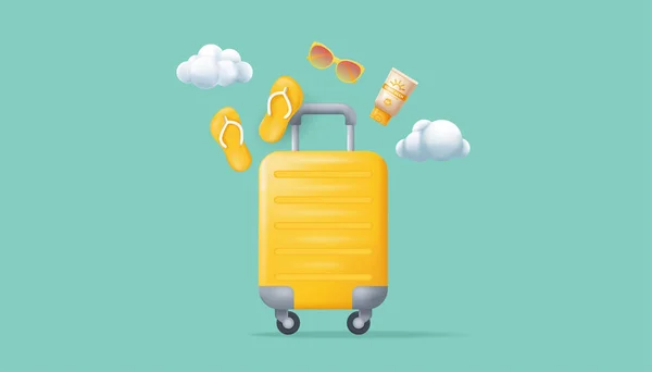 Tempo di viaggiare concept banner con valigia, infradito, occhiali da sole, crema solare. Illustrazione vettoriale in stile cartone animato 3D — Vettoriale Stock