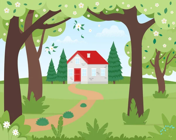 Paisaje de primavera con una casa en el bosque. Bosque en temporada de flores. Lindo vector de ilustración en estilo plano — Archivo Imágenes Vectoriales