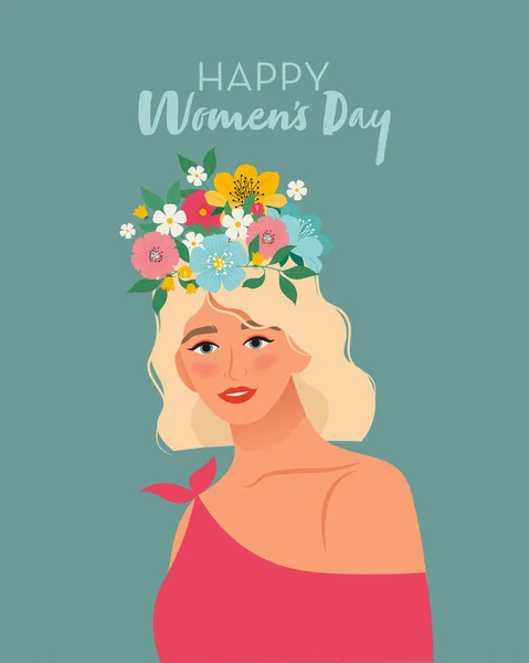 Beautiful Woman Flowers Wreath Greeting Card International Women Day Flat — Vettoriale Stock