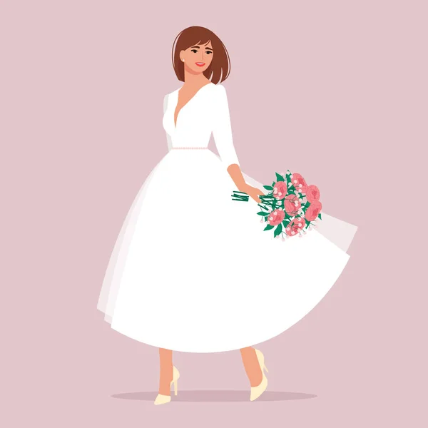 Vrouw bruid in witte jurk met boeket. Vector illustratie in platte stijl — Stockvector
