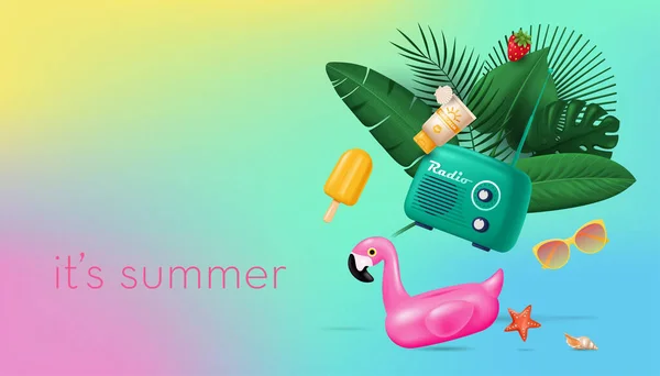 Banner de verão com vários elementos vetoriais em estilo realista 3D mínimo — Vetor de Stock