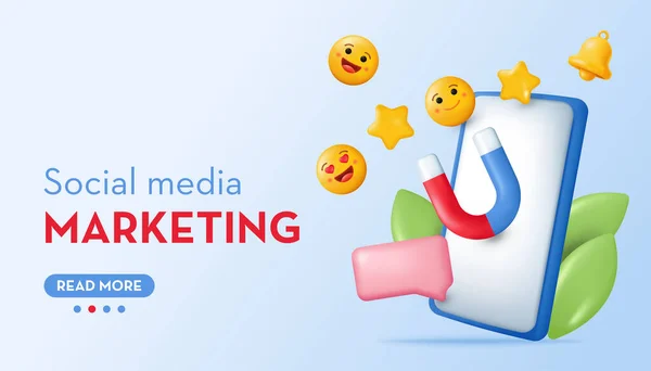 Koncepcja Social Media Marketing Ikony Emoji Magnes Telefonie Wektor Ilustracji — Wektor stockowy
