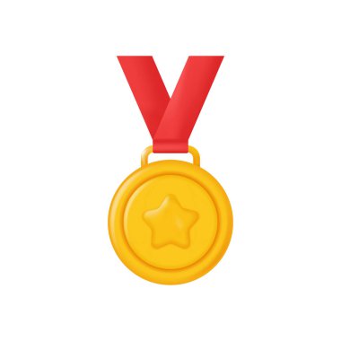 Kırmızı kurdeleli Altın Madalya ikonu. 3B biçiminde vektör illüstrasyonu