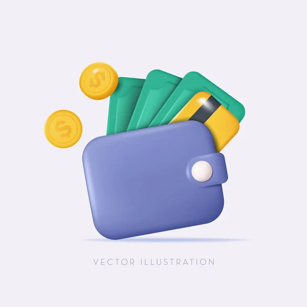 绿色纸钱 黄色硬币和信用卡 商业金融投资 贸易现金支付 最小3D风格的矢量插图 — 图库矢量图片