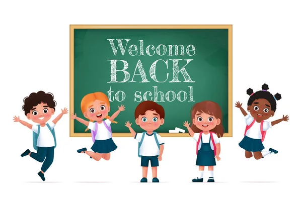 Children Class Chalkboard Back School Concept Pupil Characters Cartoon Vector — Stock Vector