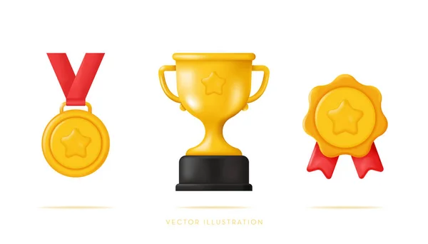 Collection Gold Champions Prizes Trophies Awards Medal Cup Badge Vector — ストックベクタ