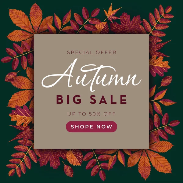 Autumn Sale Banner Bright Leaves Realistic Style Vector — Stockový vektor