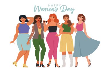 Women diverse of different ethnicity standing together and are hugging. Vibes mood, International Womens Day. Vector illustration