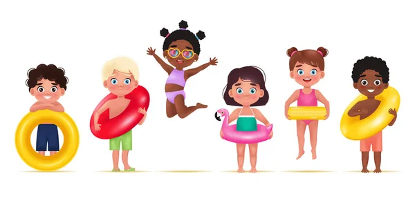 Cute Children Different Nationalities Swimsuit Shorts Inflatable Circle Summer Vacation — Wektor stockowy