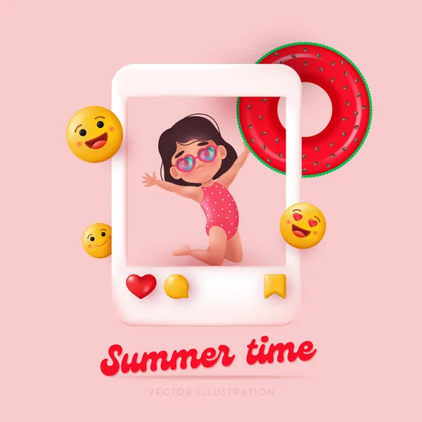 Cute Small Kid Girl Social Media Photo Frame Summer Time — Vetor de Stock