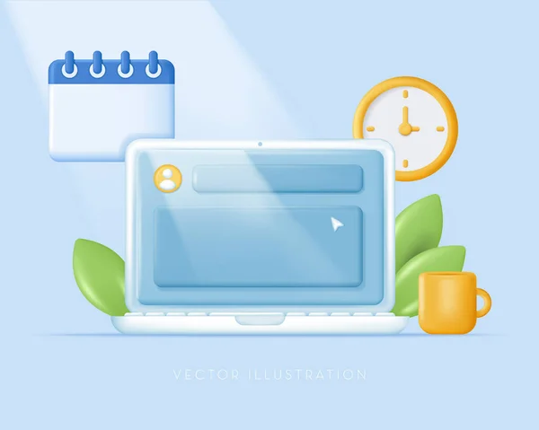 Online Work Laptop Calendar Clock Icon Vector Illustration Minimal Style — Διανυσματικό Αρχείο