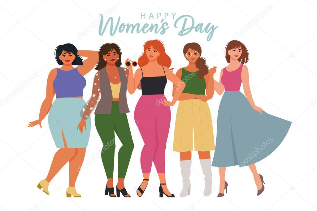 Women diverse of different ethnicity standing together and are hugging. Vibes mood, International Womens Day. Vector illustration