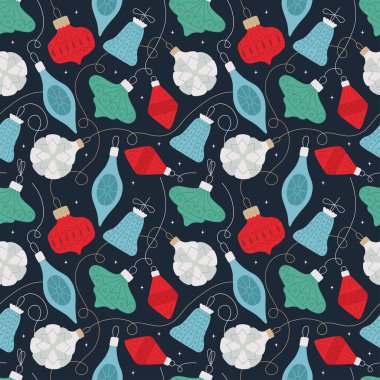 Christmas seamless pattern with glass baubles on strings. Vintage balls and retro decor. vector illustration